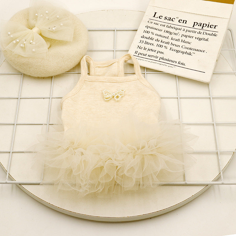KFX-2590525 Elegant Apricot Pearl Pet Dress for Spring and Summer - Multiple Sizes Available