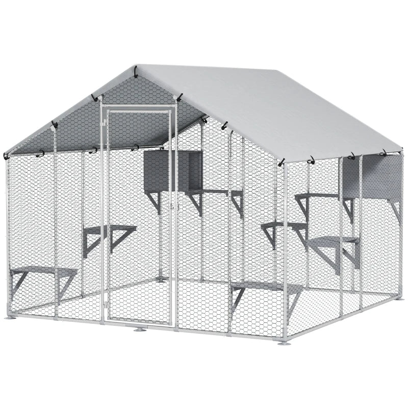 KFX-2595133 Outdoor Cat Enclosure with Waterproof Cover - Spacious 49 sq. ft, Weather-Resistant Design for Multiple Pets