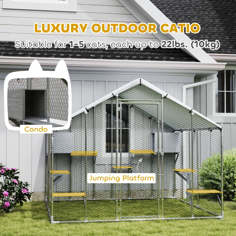 KFX-2595133 Outdoor Cat Enclosure with Waterproof Cover - Spacious 49 sq. ft, Weather-Resistant Design for Multiple Pets