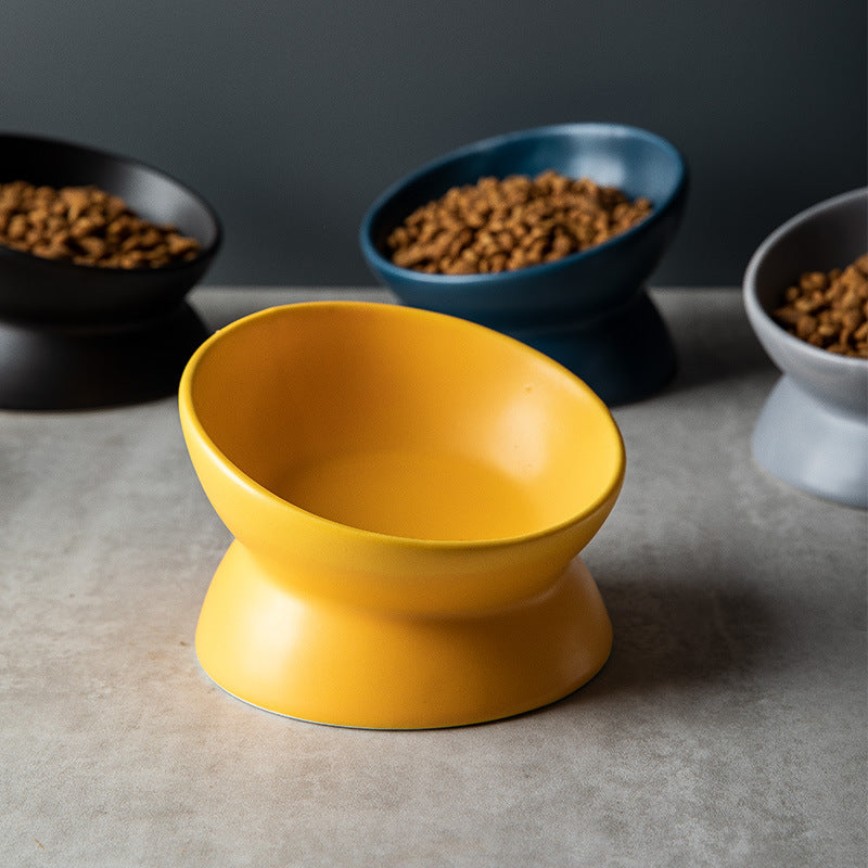 KFX-2595645 Ceramic Pet Bowl with High Foot and Oblique Mouth Design in Multiple Solid Colors