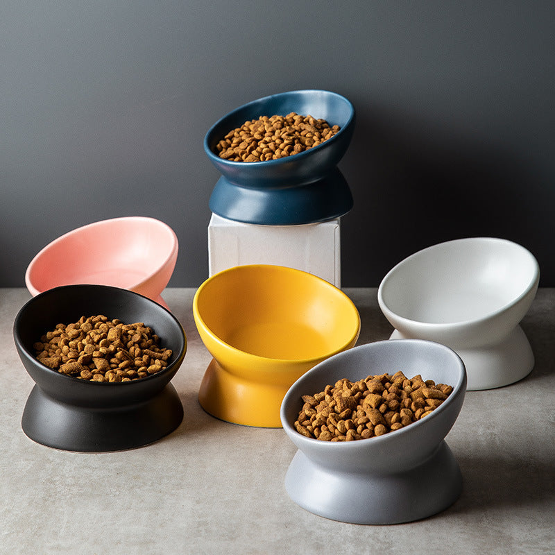 KFX-2595645 Ceramic Pet Bowl with High Foot and Oblique Mouth Design in Multiple Solid Colors