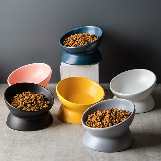 KFX-2595645 Ceramic Pet Bowl with High Foot and Oblique Mouth Design in Multiple Solid Colors