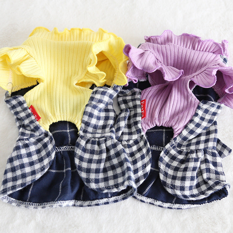 KFX-2599997 Plaid Skirt for Pets in Purple and Yellow - Polyester Material, Sizes XS to XL