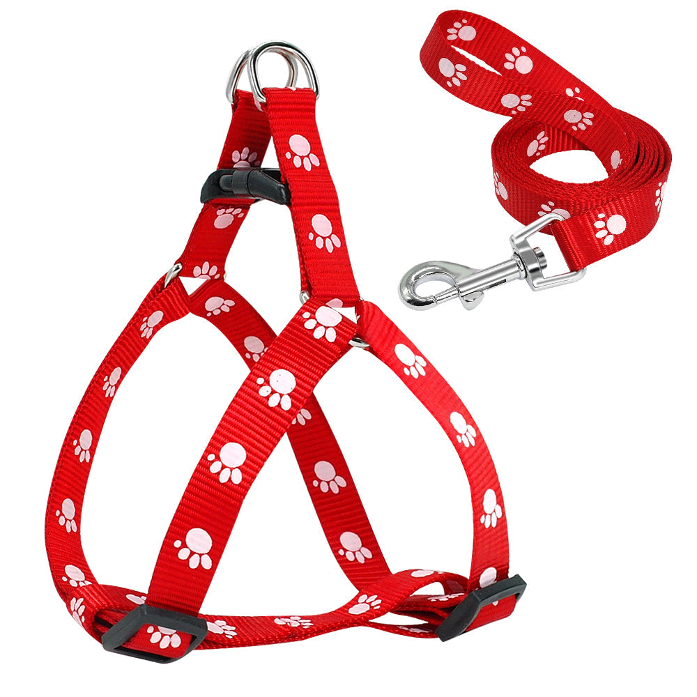 KFX-2604477 Adjustable Nylon Dog Harness and Leash Set with Paw Print Design for Small to Medium Dogs