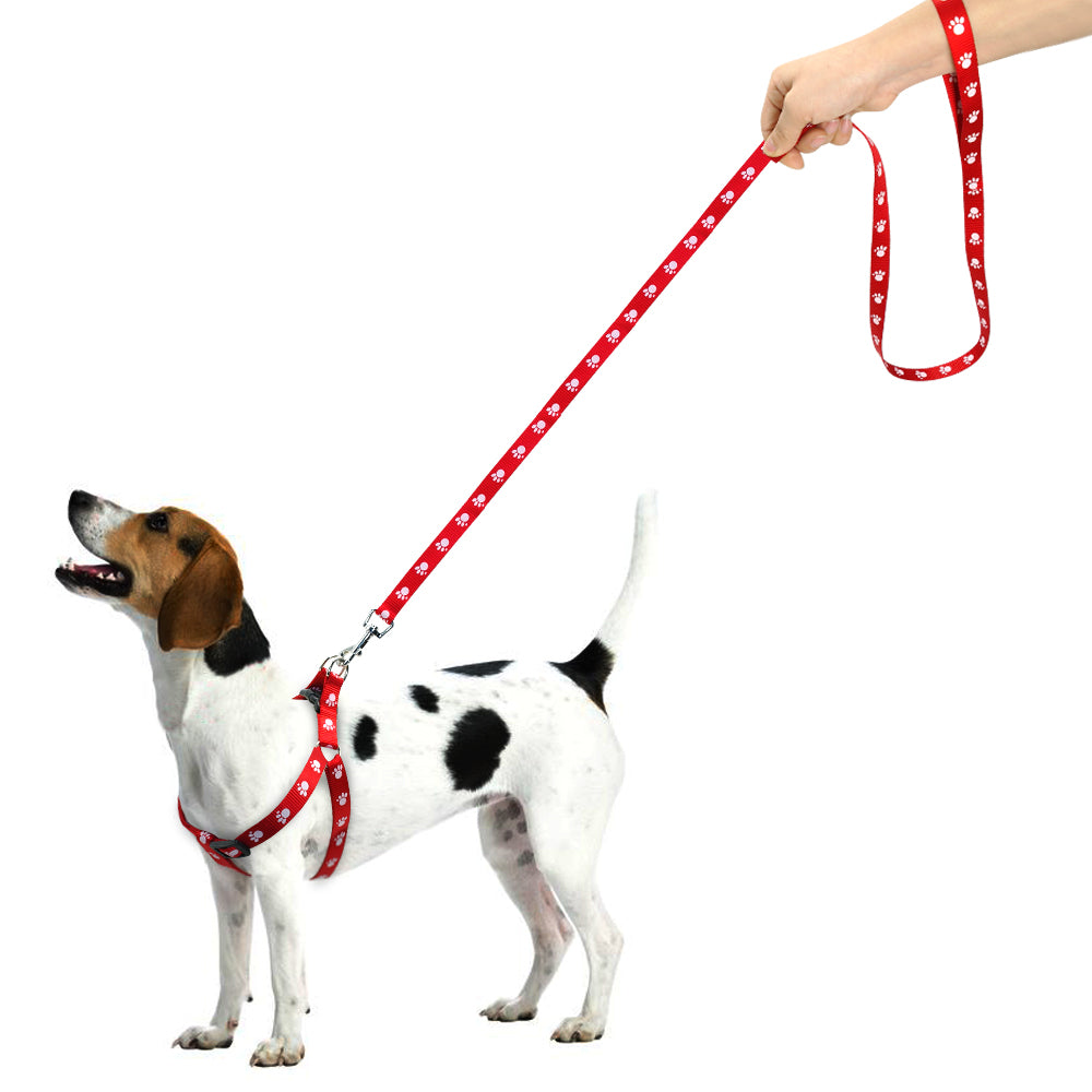 KFX-2604477 Adjustable Nylon Dog Harness and Leash Set with Paw Print Design for Small to Medium Dogs