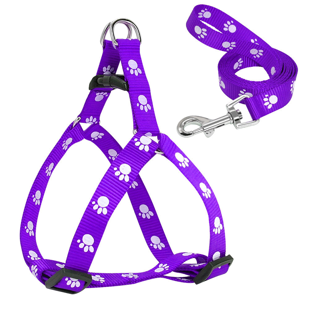 KFX-2604477 Adjustable Nylon Dog Harness and Leash Set with Paw Print Design for Small to Medium Dogs