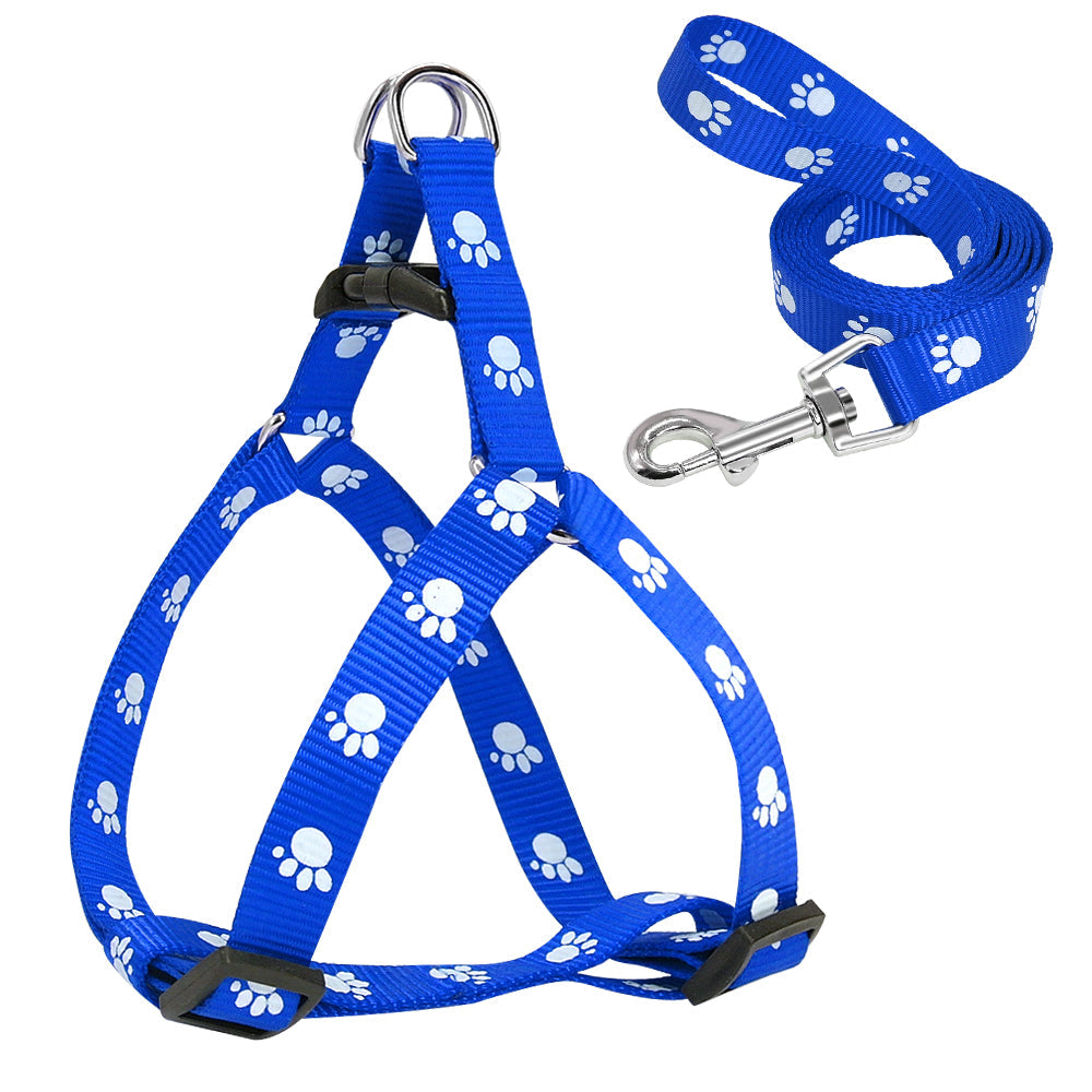 KFX-2604477 Adjustable Nylon Dog Harness and Leash Set with Paw Print Design for Small to Medium Dogs
