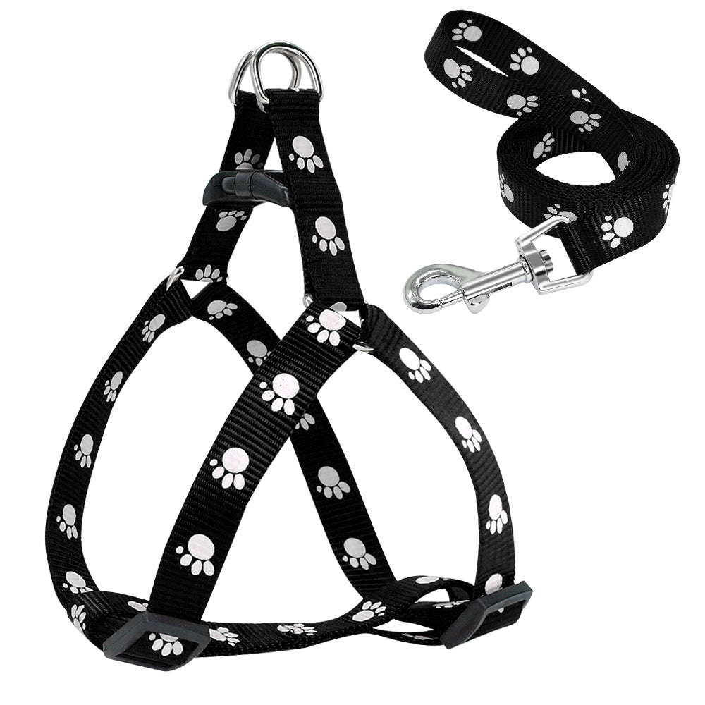 KFX-2604477 Adjustable Nylon Dog Harness and Leash Set with Paw Print Design for Small to Medium Dogs