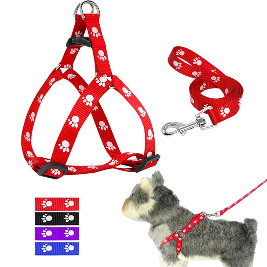 KFX-2604477 Adjustable Nylon Dog Harness and Leash Set with Paw Print Design for Small to Medium Dogs