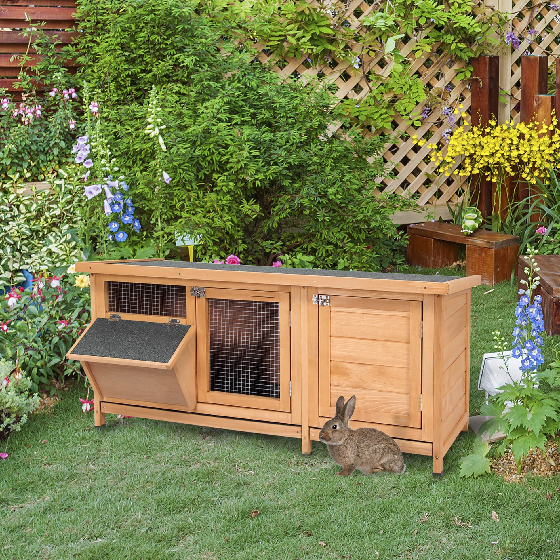 KFX-2614589 Yellow Large Bunny Hutch with Two Outdoor Areas and One Main House for Small Animals