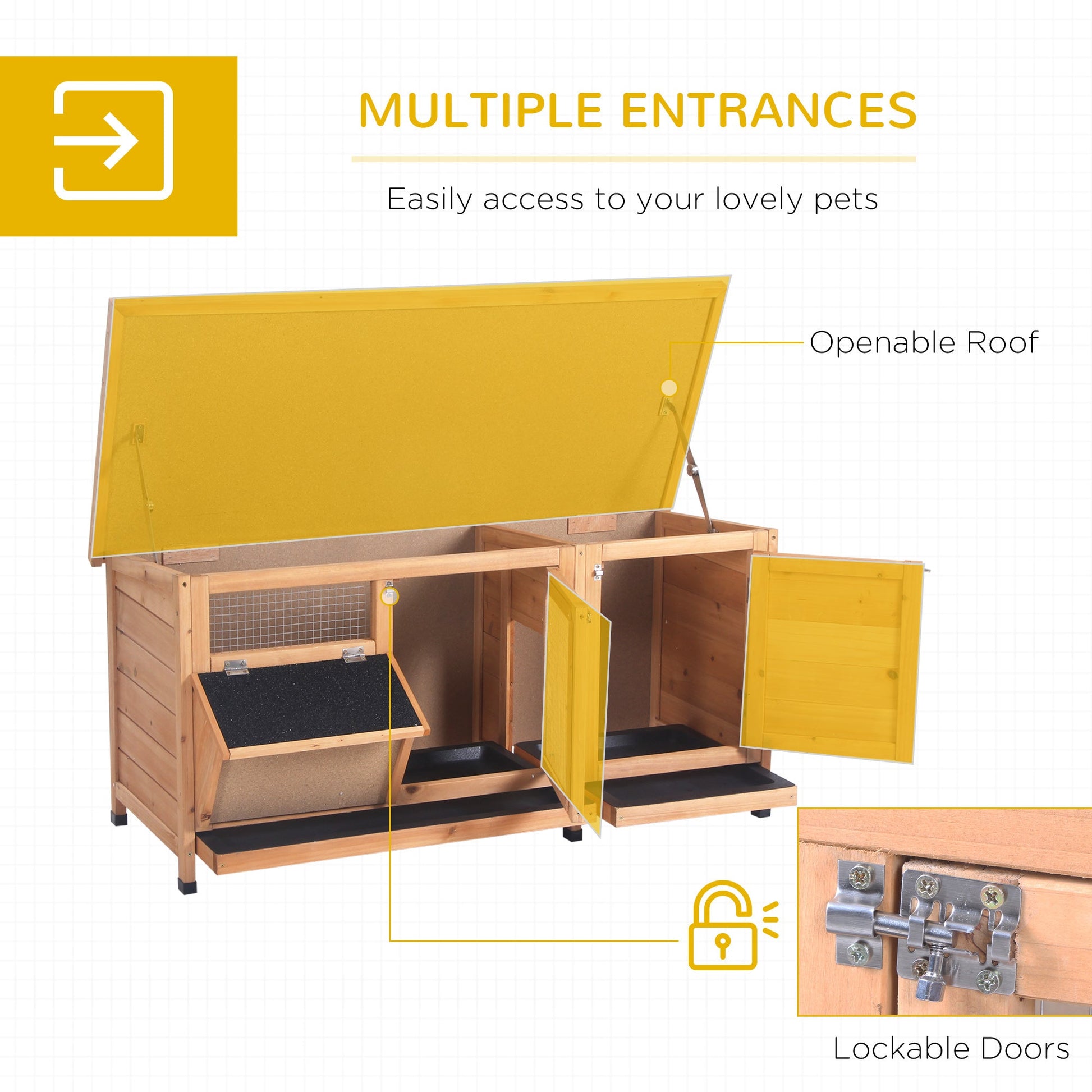 KFX-2614589 Yellow Large Bunny Hutch with Two Outdoor Areas and One Main House for Small Animals