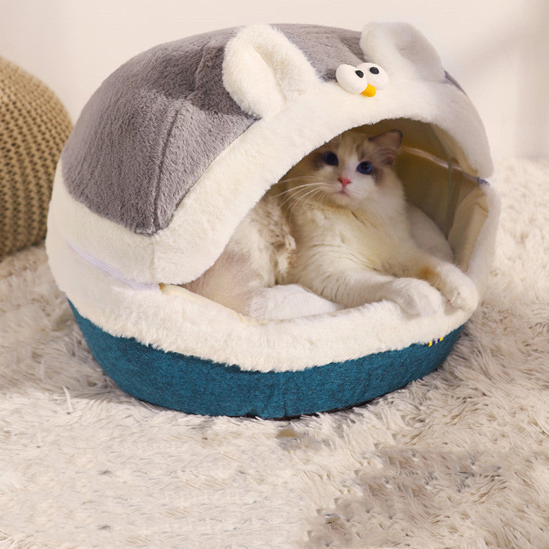 KFX-2614973 Plush Semi-Enclosed Cat Nest with Rabbit Ears - Warm and Cozy Design