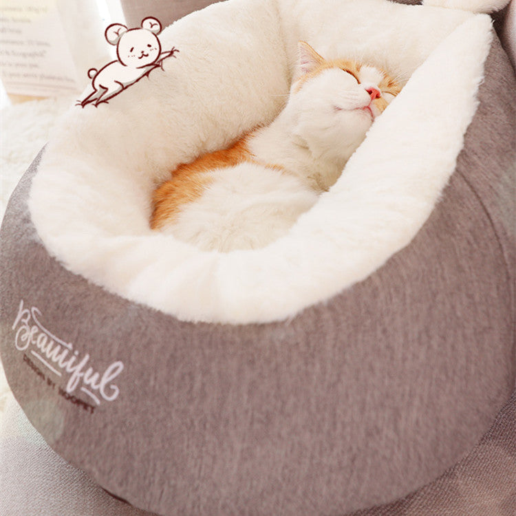 KFX-2614973 Plush Semi-Enclosed Cat Nest with Rabbit Ears - Warm and Cozy Design