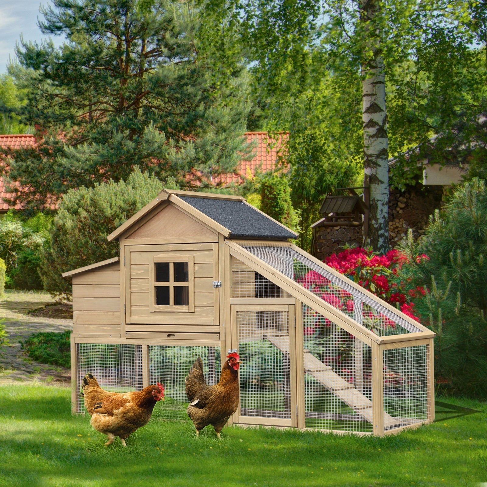 KFX-2620349 Wooden Chicken Coop with Ramp, Removable Tray, Ventilated Window, and Nesting Box - Natural Finish, 69"