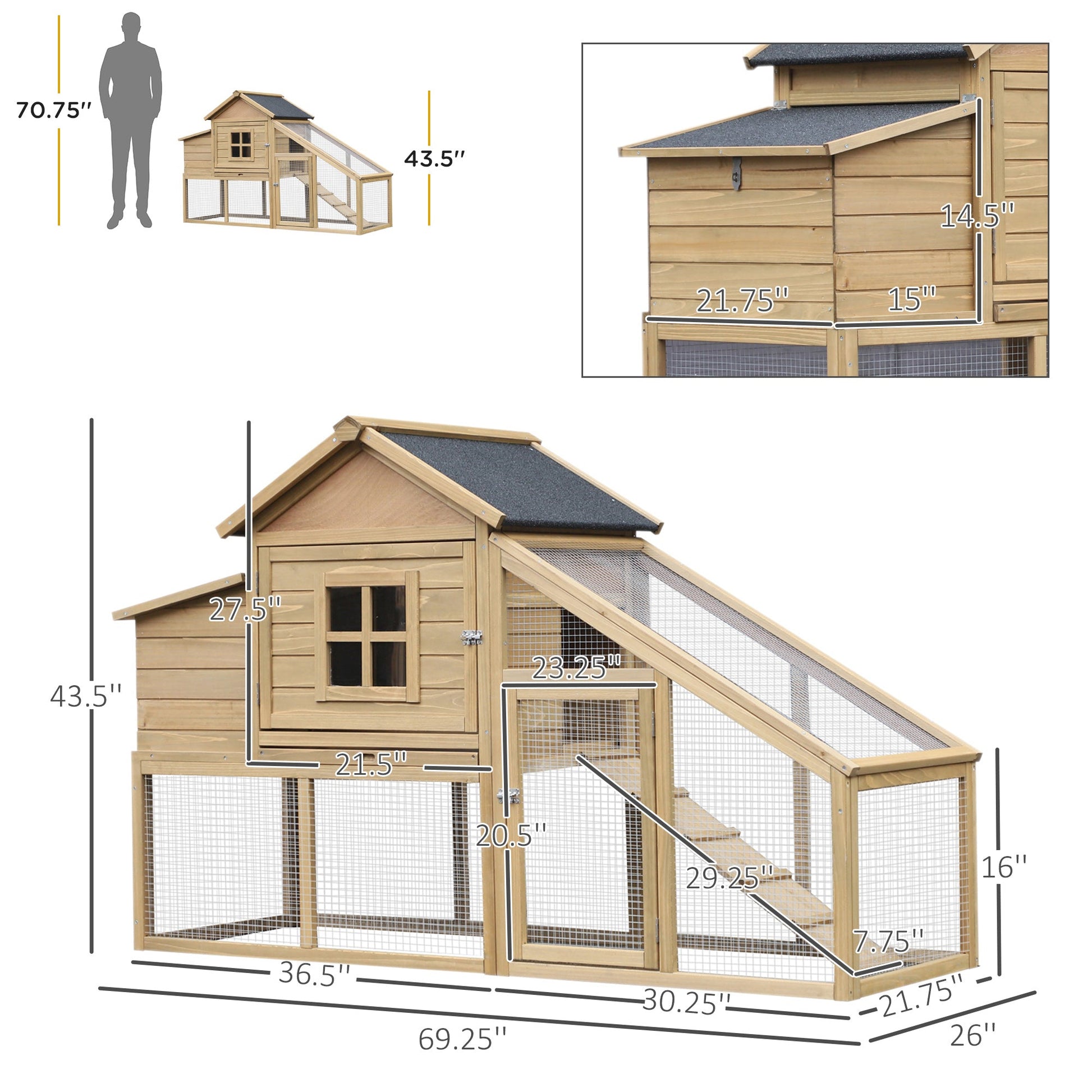 KFX-2620349 Wooden Chicken Coop with Ramp, Removable Tray, Ventilated Window, and Nesting Box - Natural Finish, 69"