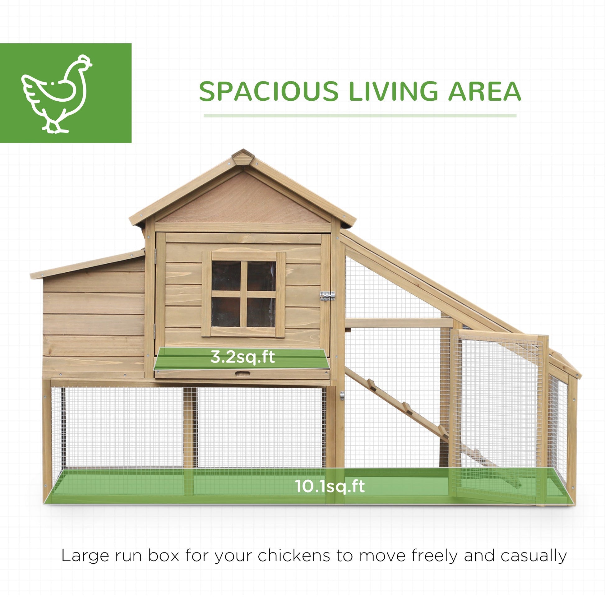KFX-2620349 Wooden Chicken Coop with Ramp, Removable Tray, Ventilated Window, and Nesting Box - Natural Finish, 69"