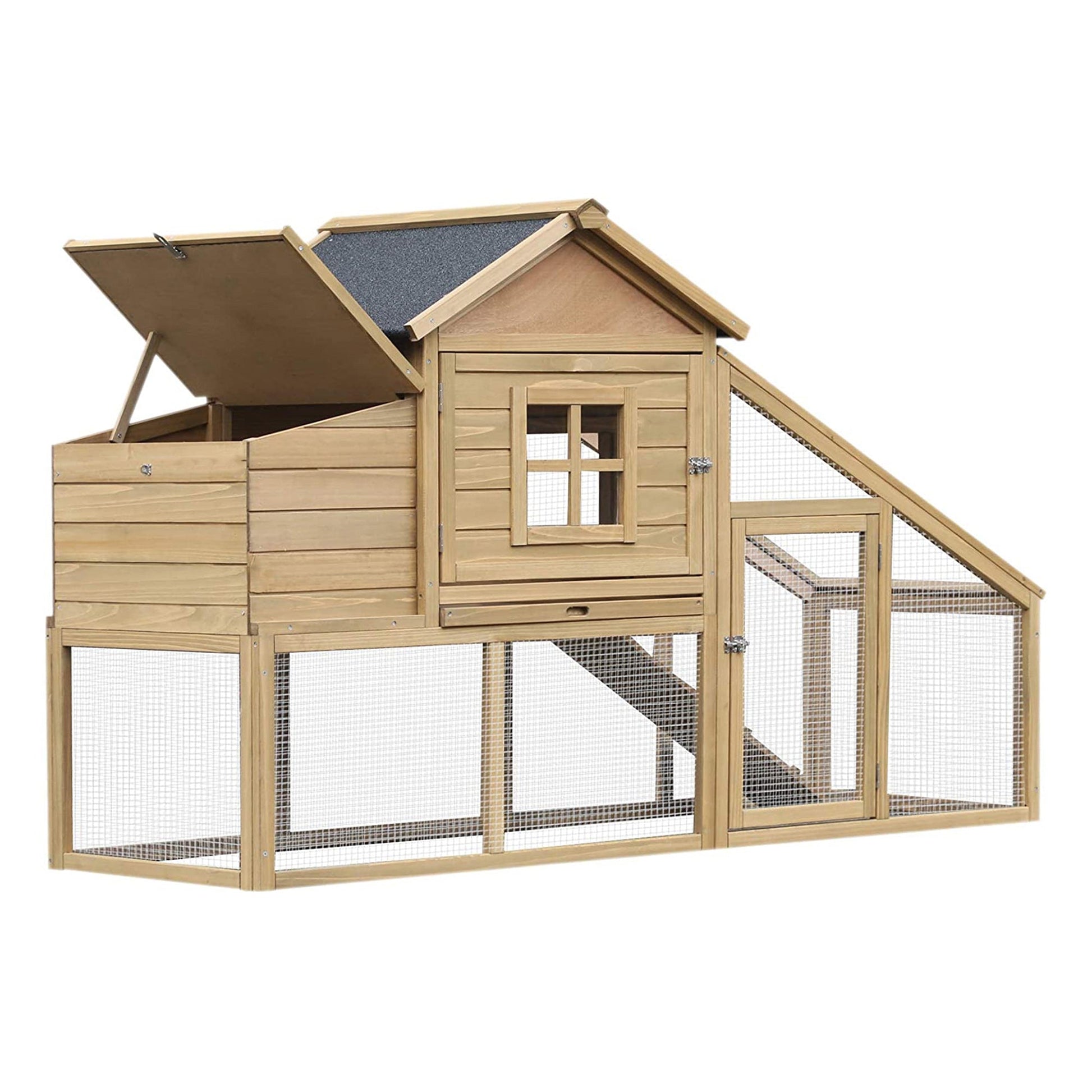 KFX-2620349 Wooden Chicken Coop with Ramp, Removable Tray, Ventilated Window, and Nesting Box - Natural Finish, 69"