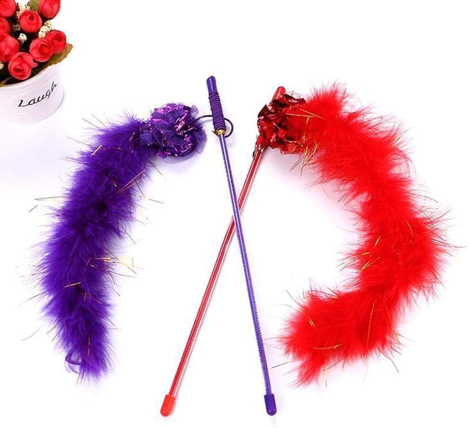 KFX-2623933 Interactive Feather Cat Teaser Wand with Crinkle Ball, 30cm Sparkly Stick for Indoor Play and Exercise