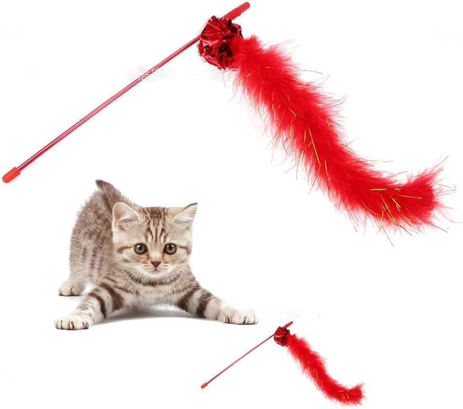 KFX-2623933 Interactive Feather Cat Teaser Wand with Crinkle Ball, 30cm Sparkly Stick for Indoor Play and Exercise