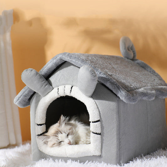 KFX-2626493 Thickened Semi-closed Pet Nest with Removable Coral Fleece Cushion for Long-eared Cats