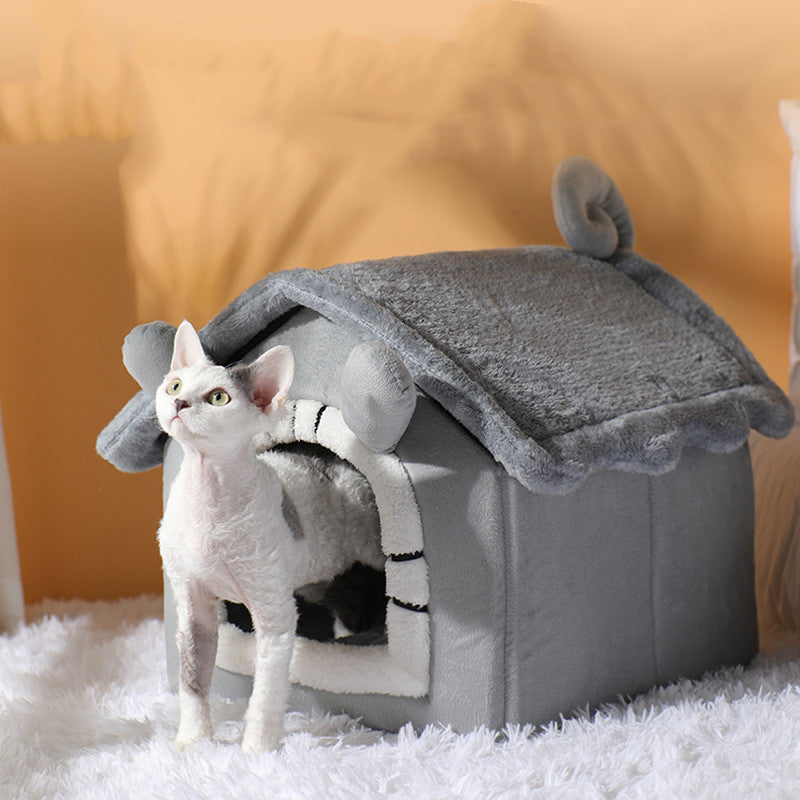 KFX-2626493 Thickened Semi-closed Pet Nest with Removable Coral Fleece Cushion for Long-eared Cats