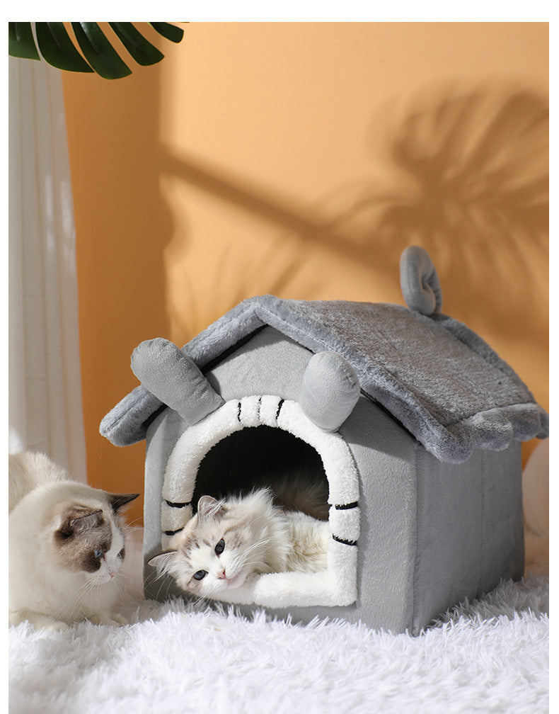 KFX-2626493 Thickened Semi-closed Pet Nest with Removable Coral Fleece Cushion for Long-eared Cats