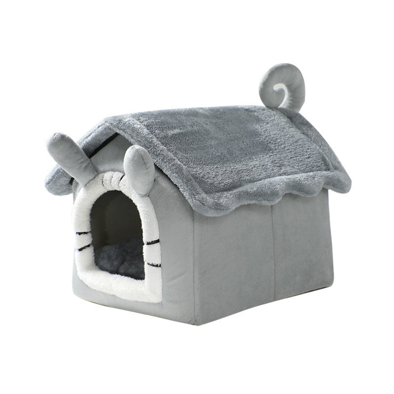 KFX-2626493 Thickened Semi-closed Pet Nest with Removable Coral Fleece Cushion for Long-eared Cats