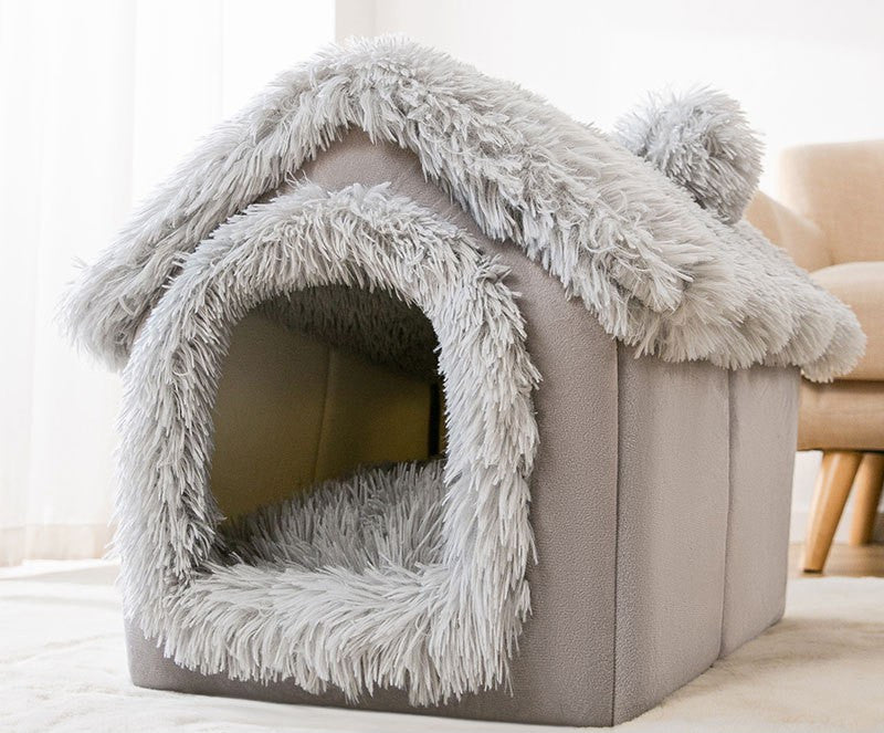 KFX-2626493 Thickened Semi-closed Pet Nest with Removable Coral Fleece Cushion for Long-eared Cats