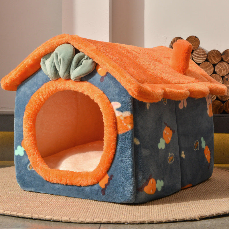 KFX-2626493 Thickened Semi-closed Pet Nest with Removable Coral Fleece Cushion for Long-eared Cats
