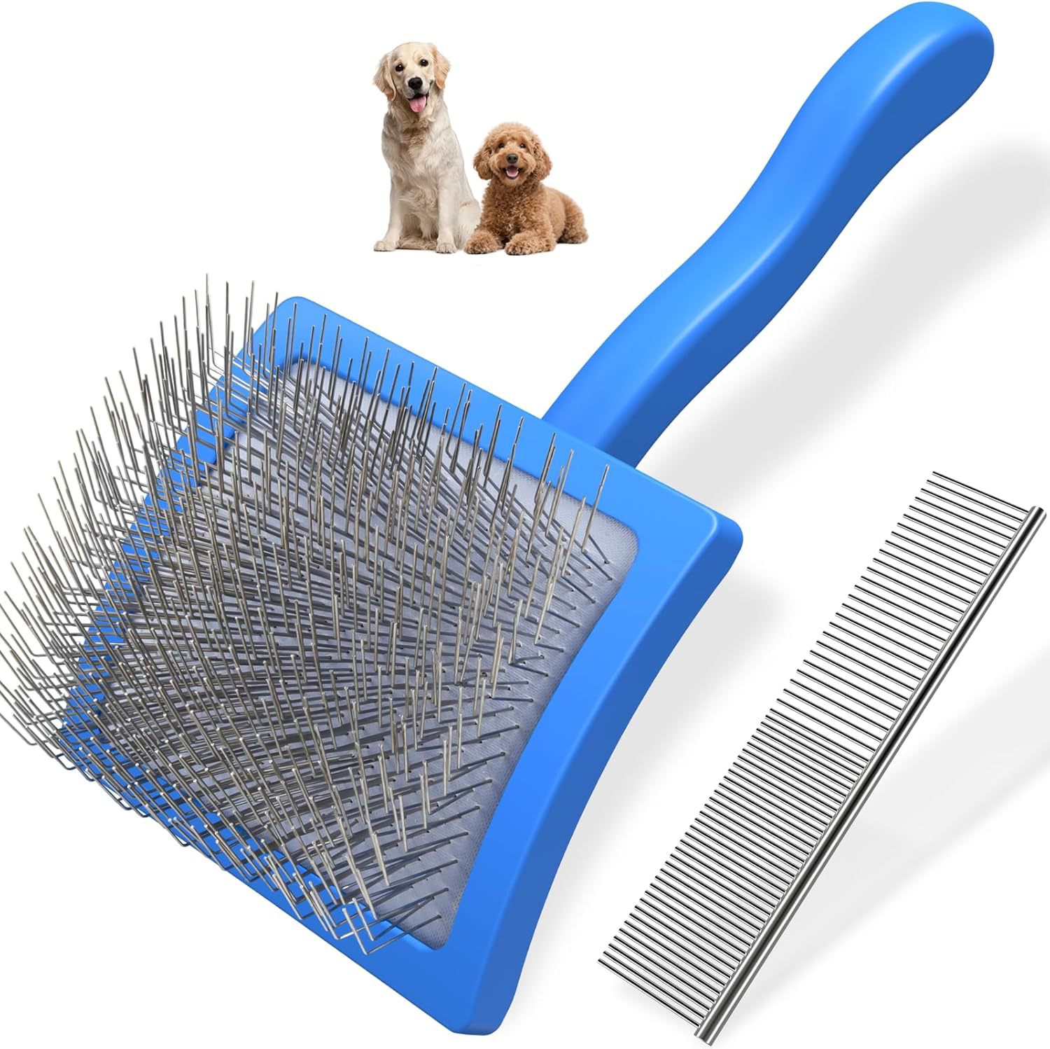 KFX-2628029 Pet Rake Brush and Straight Comb Set for Dogs - Rubber Handle with Stainless Steel Needles