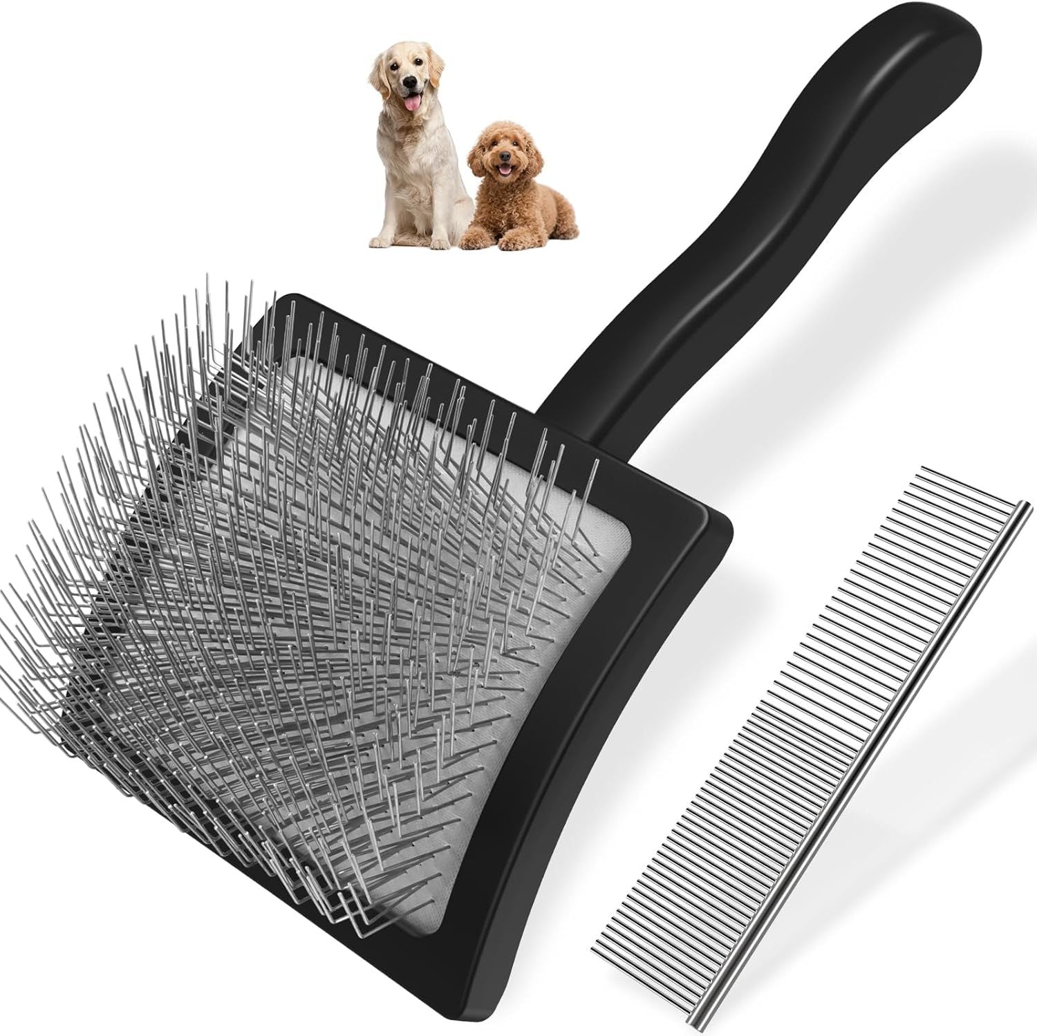 KFX-2628029 Pet Rake Brush and Straight Comb Set for Dogs - Rubber Handle with Stainless Steel Needles