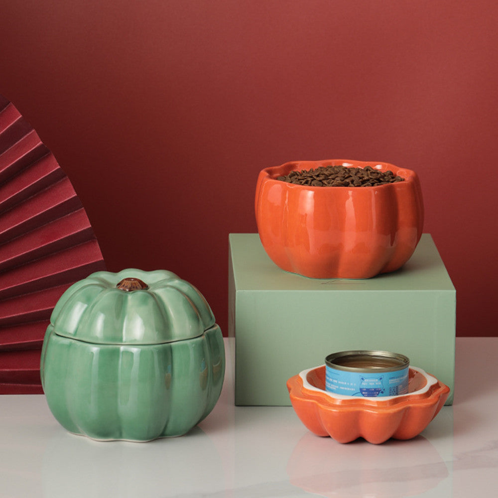 KFX-2628413 Ceramic Cat and Dog Bowl - Pumpkin Design in Orange and Green