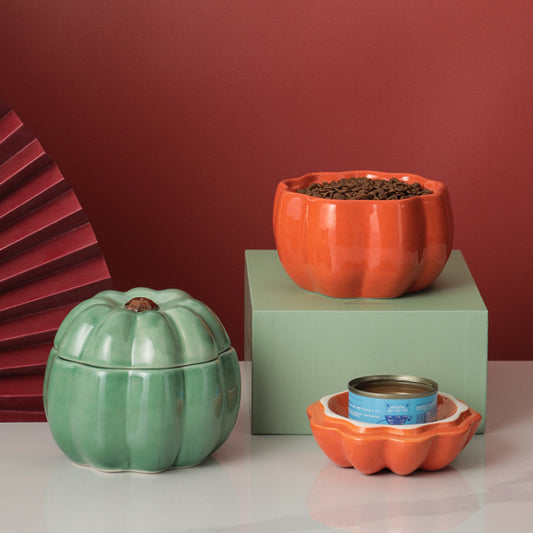 KFX-2628413 Ceramic Cat and Dog Bowl - Pumpkin Design in Orange and Green