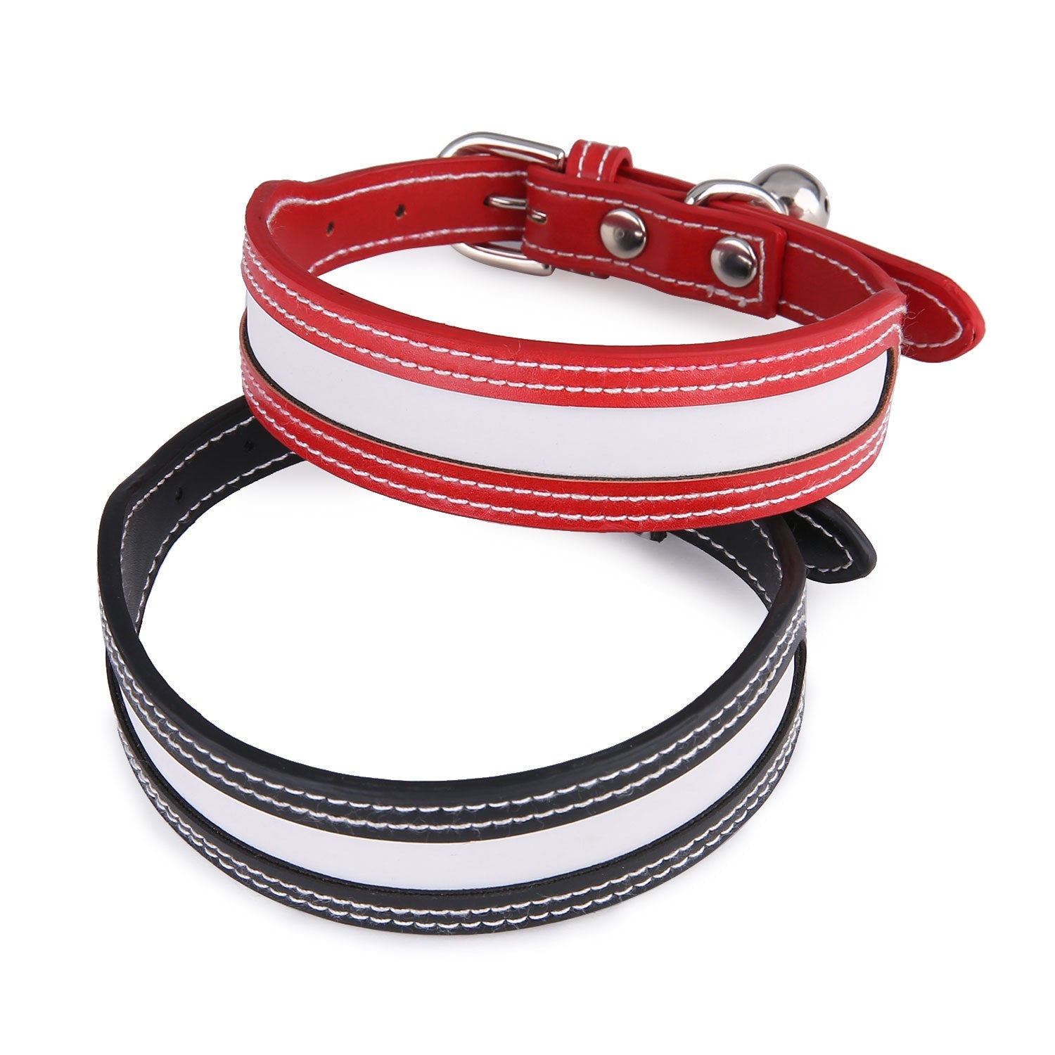 KFX-2634173 Reflective Adjustable Pet Collar with Bell for Cats and Dogs, Color Matching Design - Red and Black, PU Material