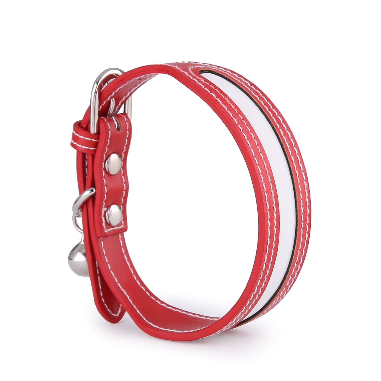 KFX-2634173 Reflective Adjustable Pet Collar with Bell for Cats and Dogs, Color Matching Design - Red and Black, PU Material