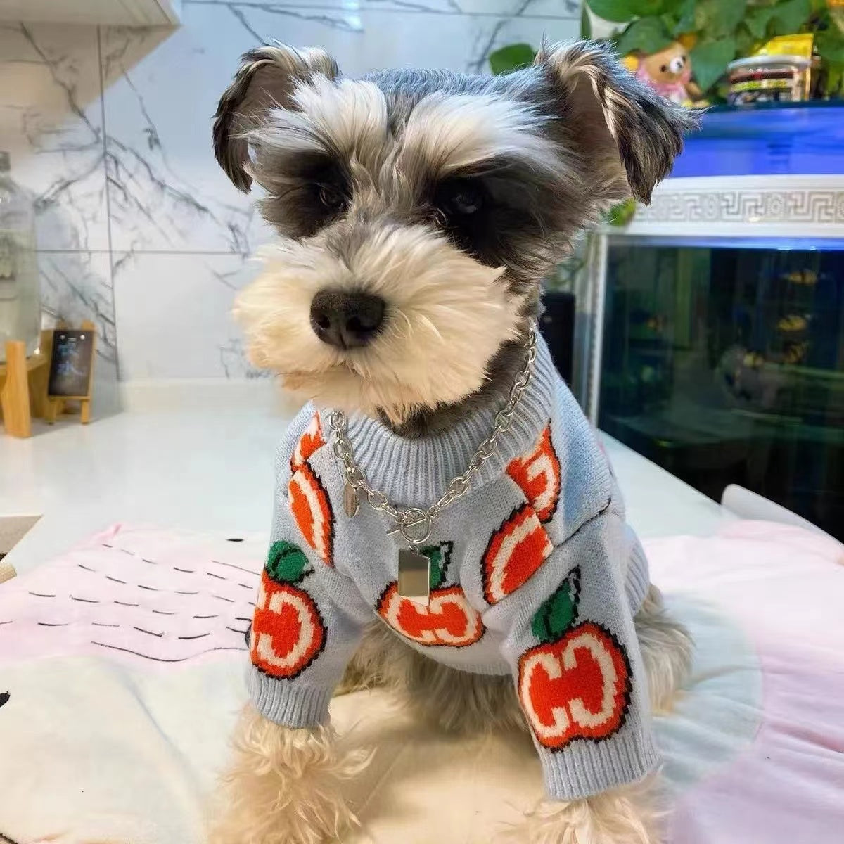 KFX-2635965 Stylish Cotton Sweater for Small Dogs and Cats - Blue Apple Design, Sizes XS to XL