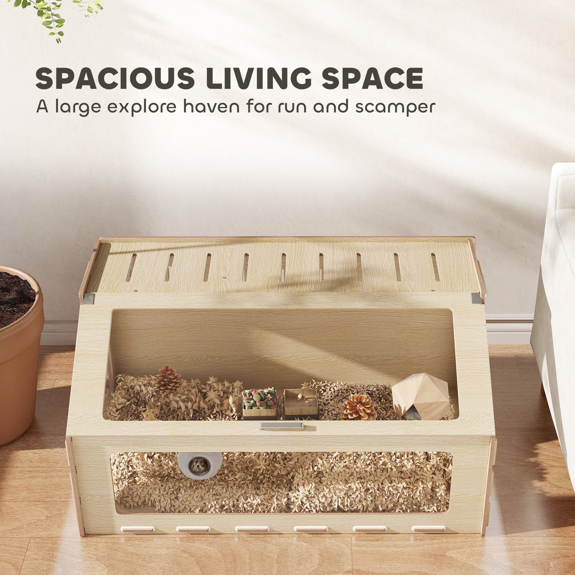 KFX-2641597 39 Inch Hamster Cage with Acrylic Windows and Inclined Top for Dwarf Hamster, Gerbil, Guinea Pig, and Rat - Oak Color