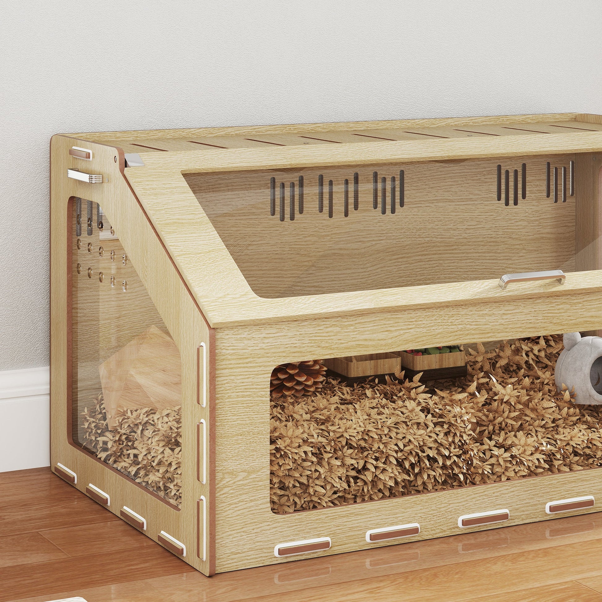 KFX-2641597 39 Inch Hamster Cage with Acrylic Windows and Inclined Top for Dwarf Hamster, Gerbil, Guinea Pig, and Rat - Oak Color