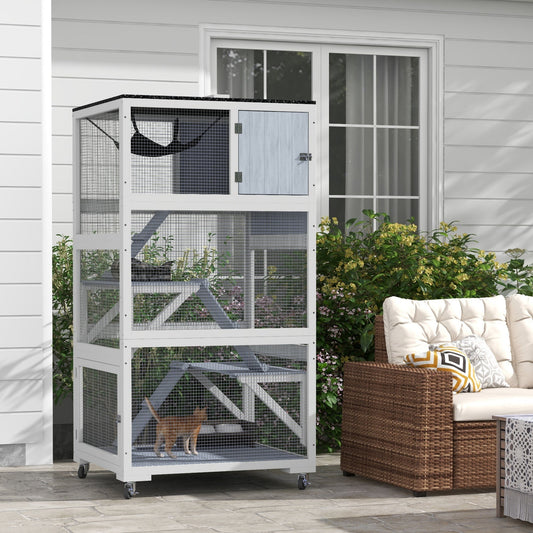 KFX-2641981 Gray Outdoor Cat Enclosure on Wheels with Hammock and Ramps for Cats up to 12 lbs