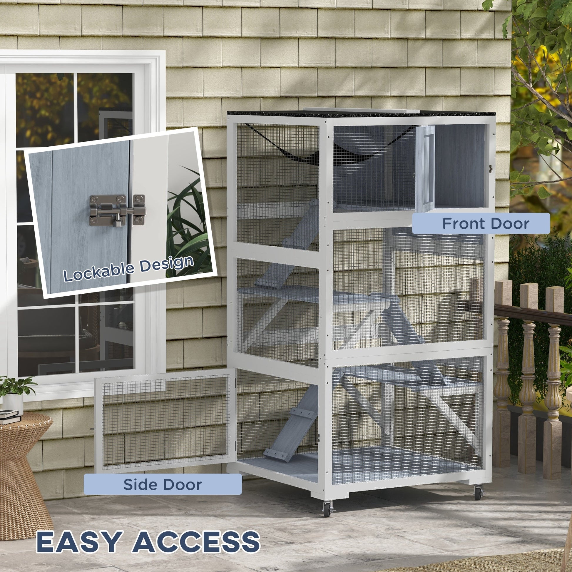 KFX-2641981 Gray Outdoor Cat Enclosure on Wheels with Hammock and Ramps for Cats up to 12 lbs