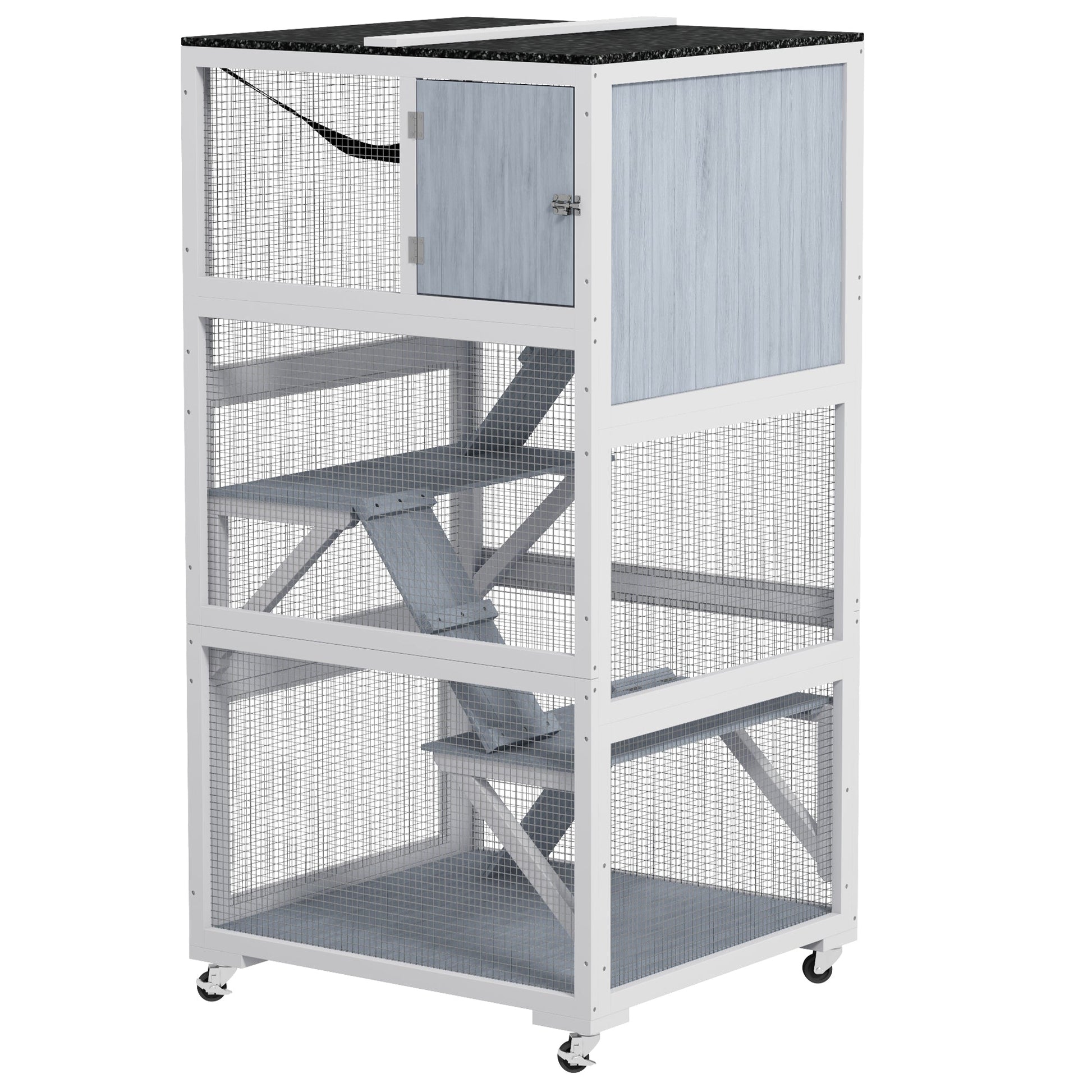KFX-2641981 Gray Outdoor Cat Enclosure on Wheels with Hammock and Ramps for Cats up to 12 lbs