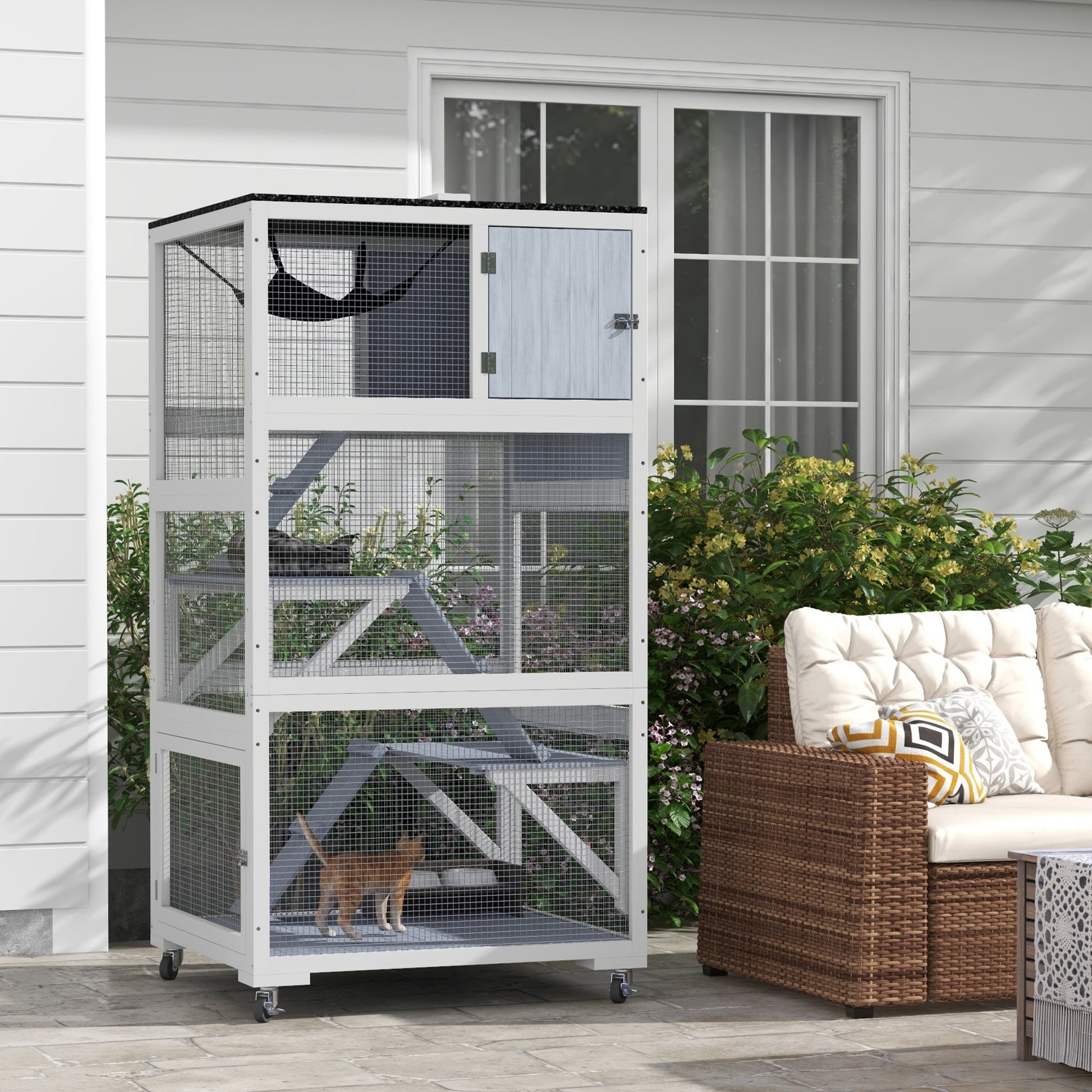 KFX-2641981 Gray Outdoor Cat Enclosure on Wheels with Hammock and Ramps for Cats up to 12 lbs