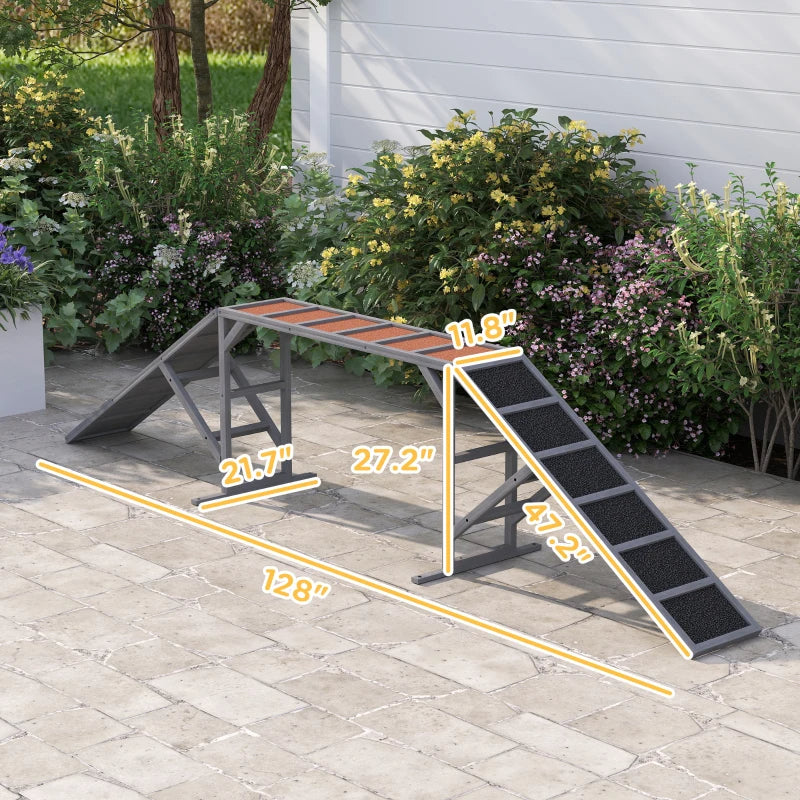 KFX-2646973 Gray Dog Agility Ramp with Safety Bar and Non-Slip Surface for Training and Exercise