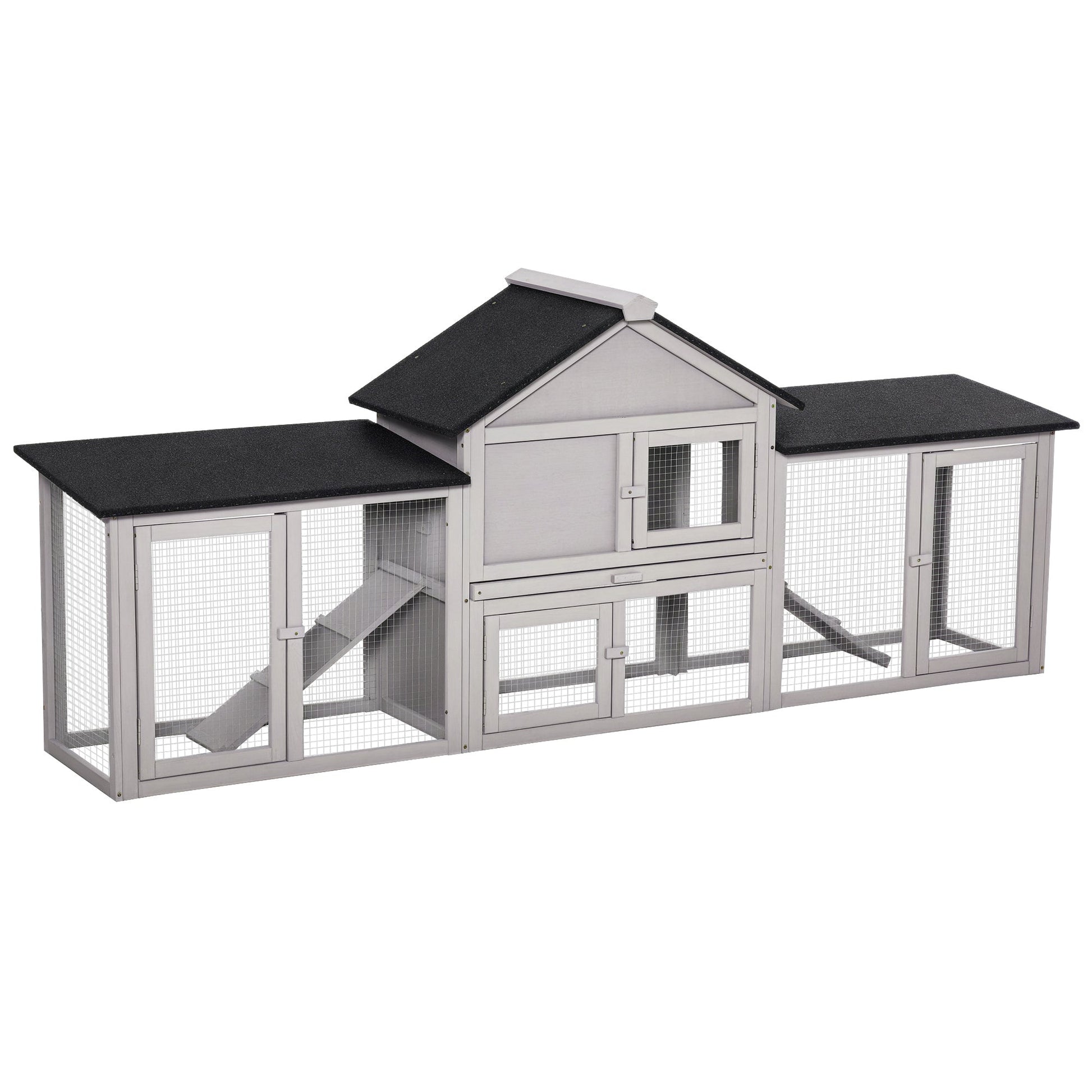 KFX-2653117 Deluxe Outdoor 2-Story Wooden Rabbit Hutch with Ladder and Run - Gray, 83" Large Cage for Small Animals