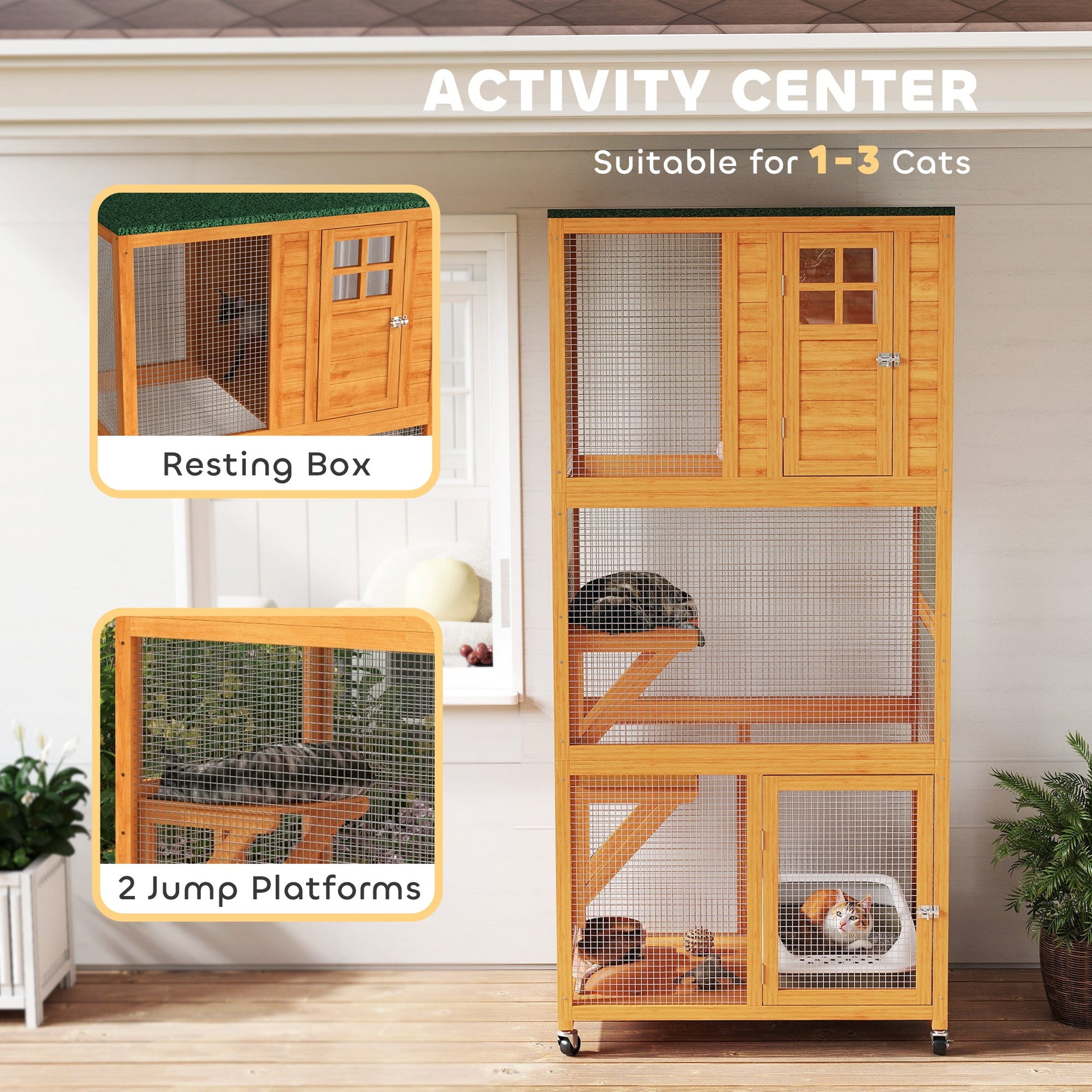KFX-2659261 Outdoor Wooden Cat House Catio with Two Ledges and Weather Protection, 74" Tall, Orange and Green