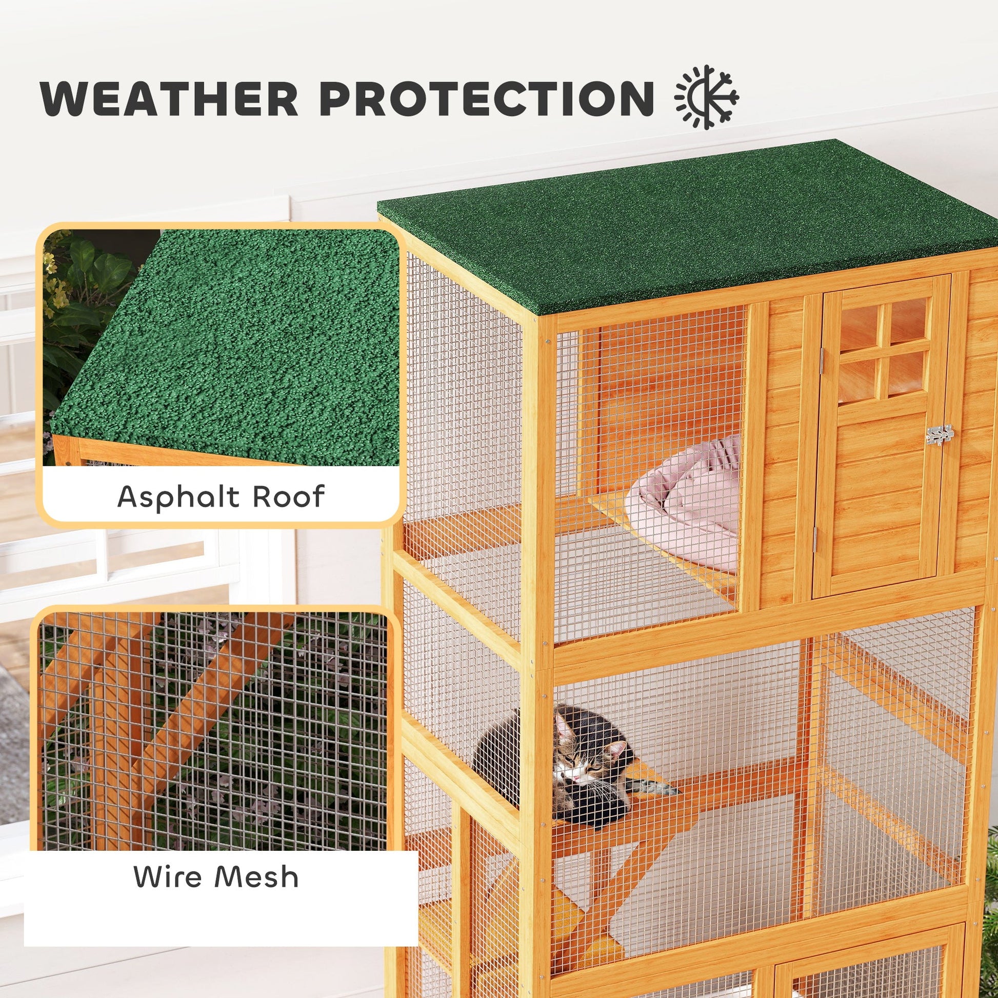 KFX-2659261 Outdoor Wooden Cat House Catio with Two Ledges and Weather Protection, 74" Tall, Orange and Green