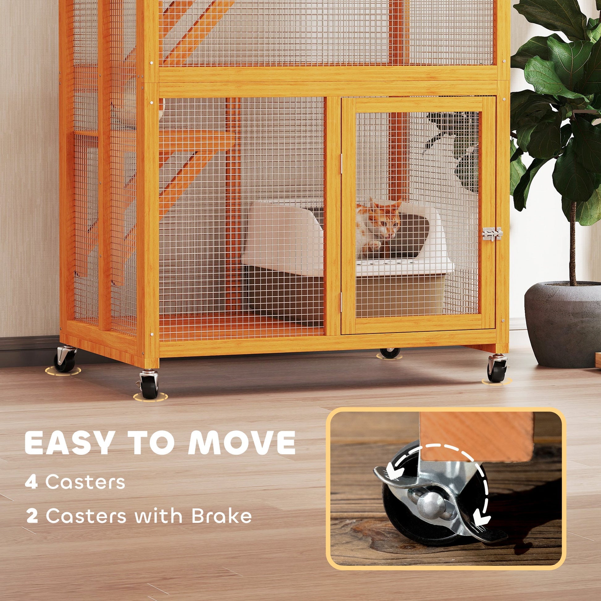 KFX-2659261 Outdoor Wooden Cat House Catio with Two Ledges and Weather Protection, 74" Tall, Orange and Green