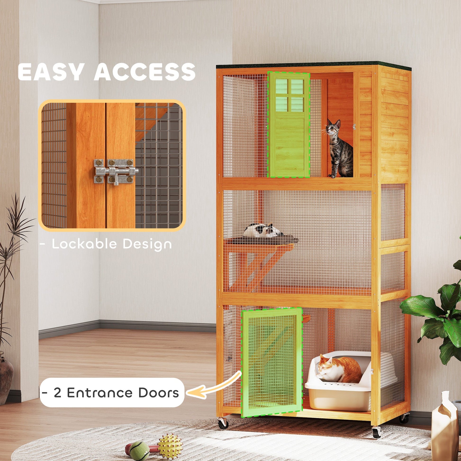 KFX-2659261 Outdoor Wooden Cat House Catio with Two Ledges and Weather Protection, 74" Tall, Orange and Green