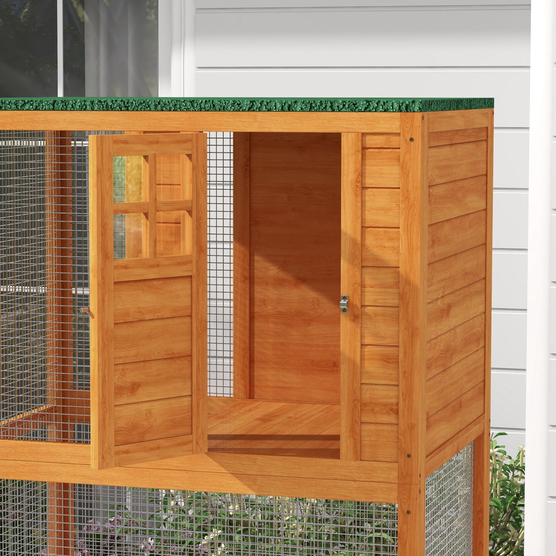 KFX-2659261 Outdoor Wooden Cat House Catio with Two Ledges and Weather Protection, 74" Tall, Orange and Green