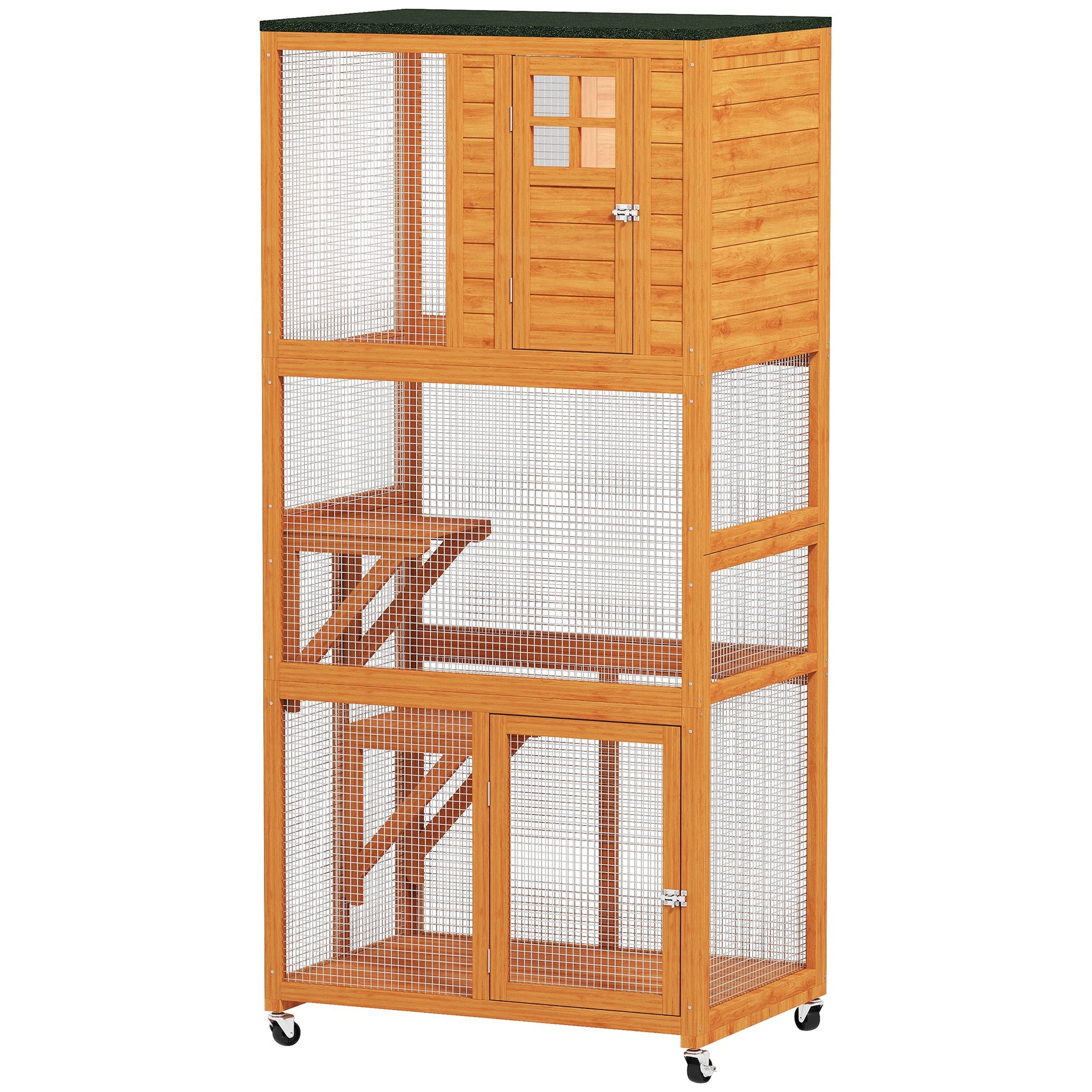 KFX-2659261 Outdoor Wooden Cat House Catio with Two Ledges and Weather Protection, 74" Tall, Orange and Green